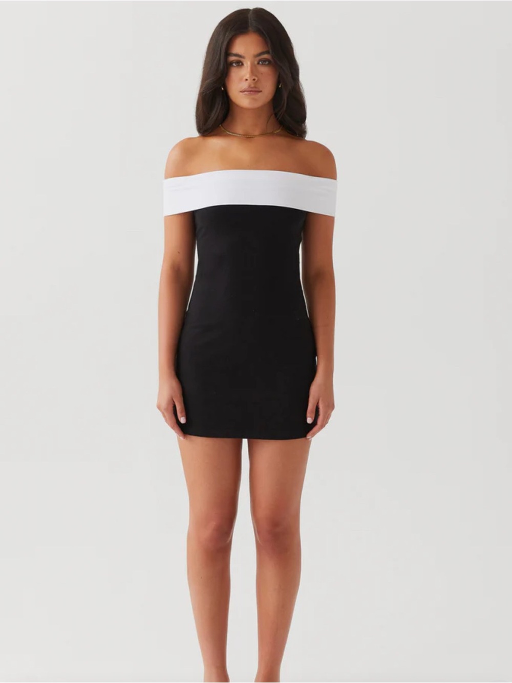 Peppermayo Black and White Off the Shoulder Mini Dress